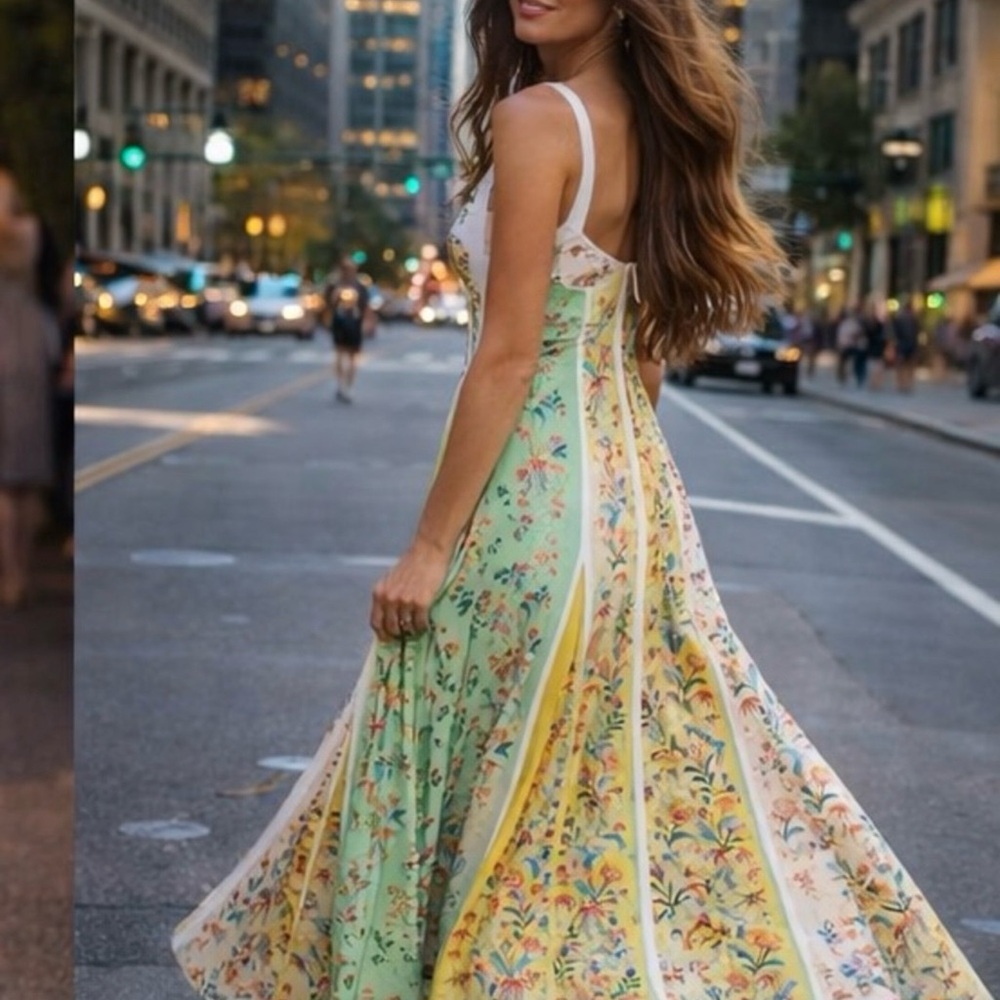 FARM RIO Floral Panel Maxi Dress in Green, Yellow & Pink - Picture 7 of 7